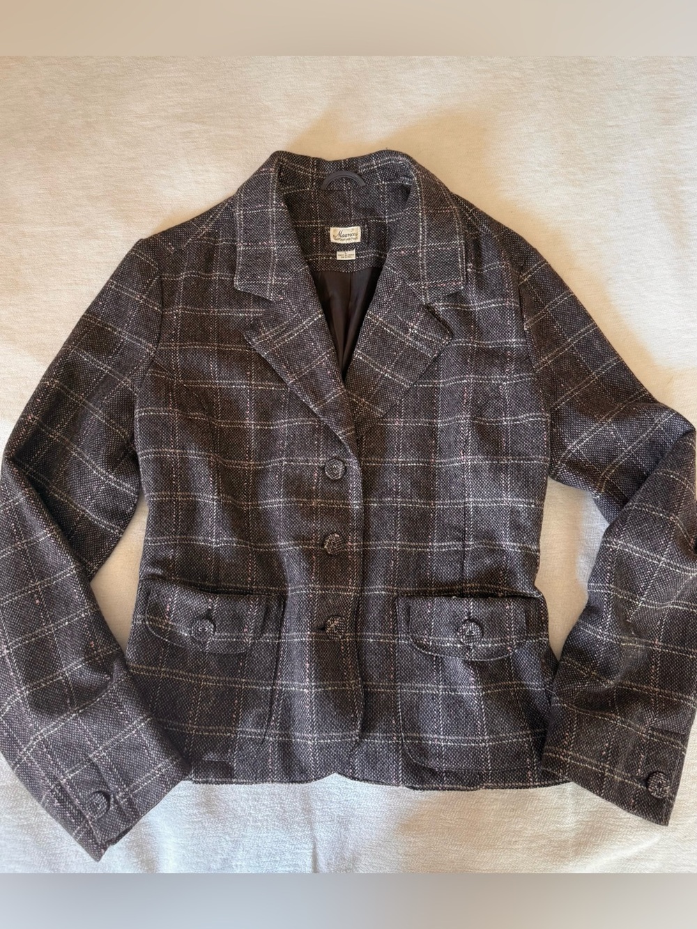 Vintage Maurice’s Wool Blend Plaid Button-Up Jacket - Chocolate with pink